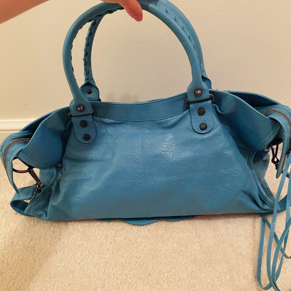Balenciaga Turquoise Blue Leather Shoulder Bag with Braided Handles - Picture 2 of 6